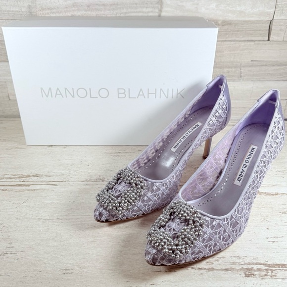 Manolo Blahnik Hangisi Size 38 Lace 70MM Pumps Heels Lilac Periwinkle $1245 New - Picture 2 of 15